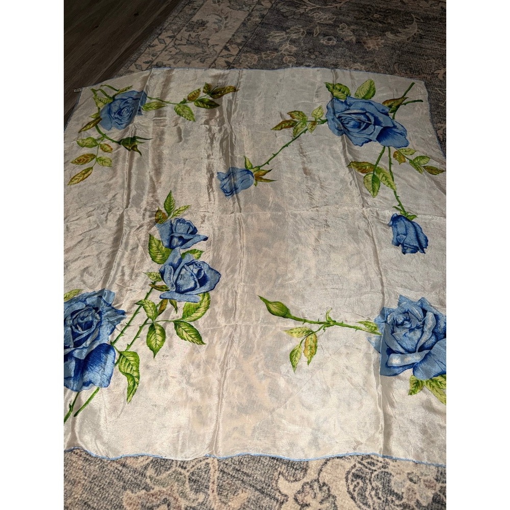 Vintage Silk Blue Rose Floral Scarf
